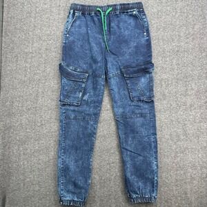 Street Rules Boys Blue Acid Wash Denim Cargo Joggers Size 18 Neon Drawstring